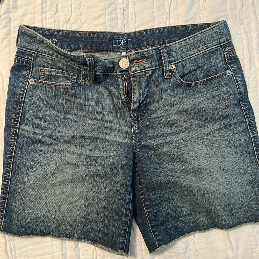 LOFT Blue Jean Shorts with Frayed Hem and Distressed Details